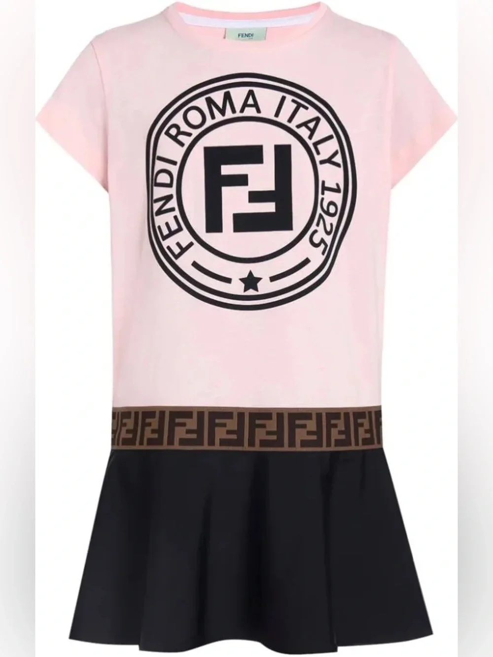 Fendi Pink and Black Logo Tee Dress with Brown FF Waistband